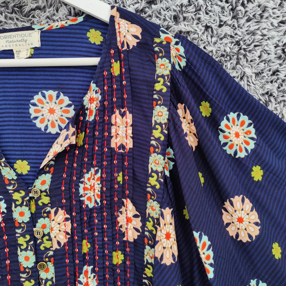 Orientique Womens Boho Floral Pintuck Peasant Blouse Large Navy Blue Wide Sleeve - Picture 8 of 16